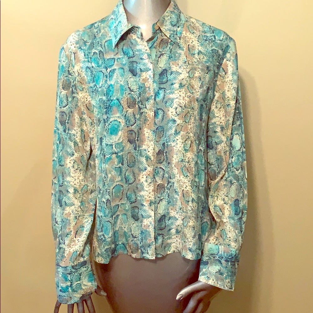 Talbots green snakeskin 100% silk blouse shirt